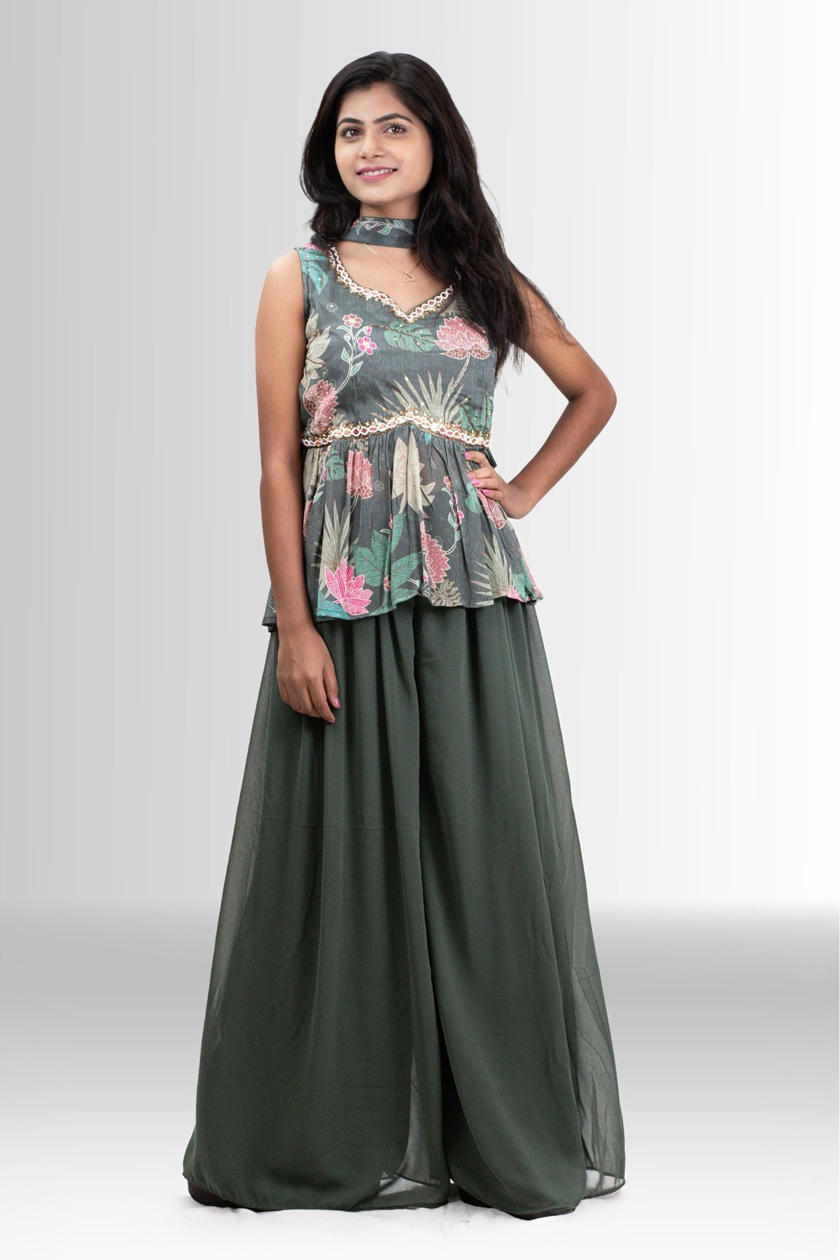 peplum indo western dress Peach Wedding Dress: Embroidered Peplum Top & Sharara Pant