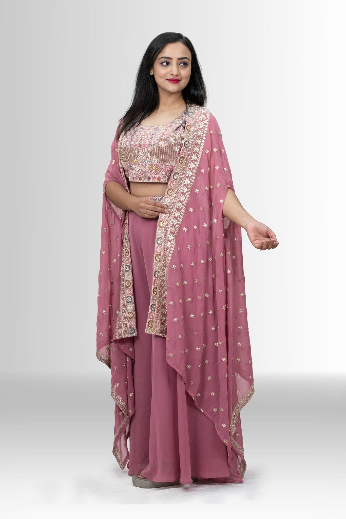Elegant Pink Indo Western Crop Top, Palazzo & Embroidered Shrug Set
