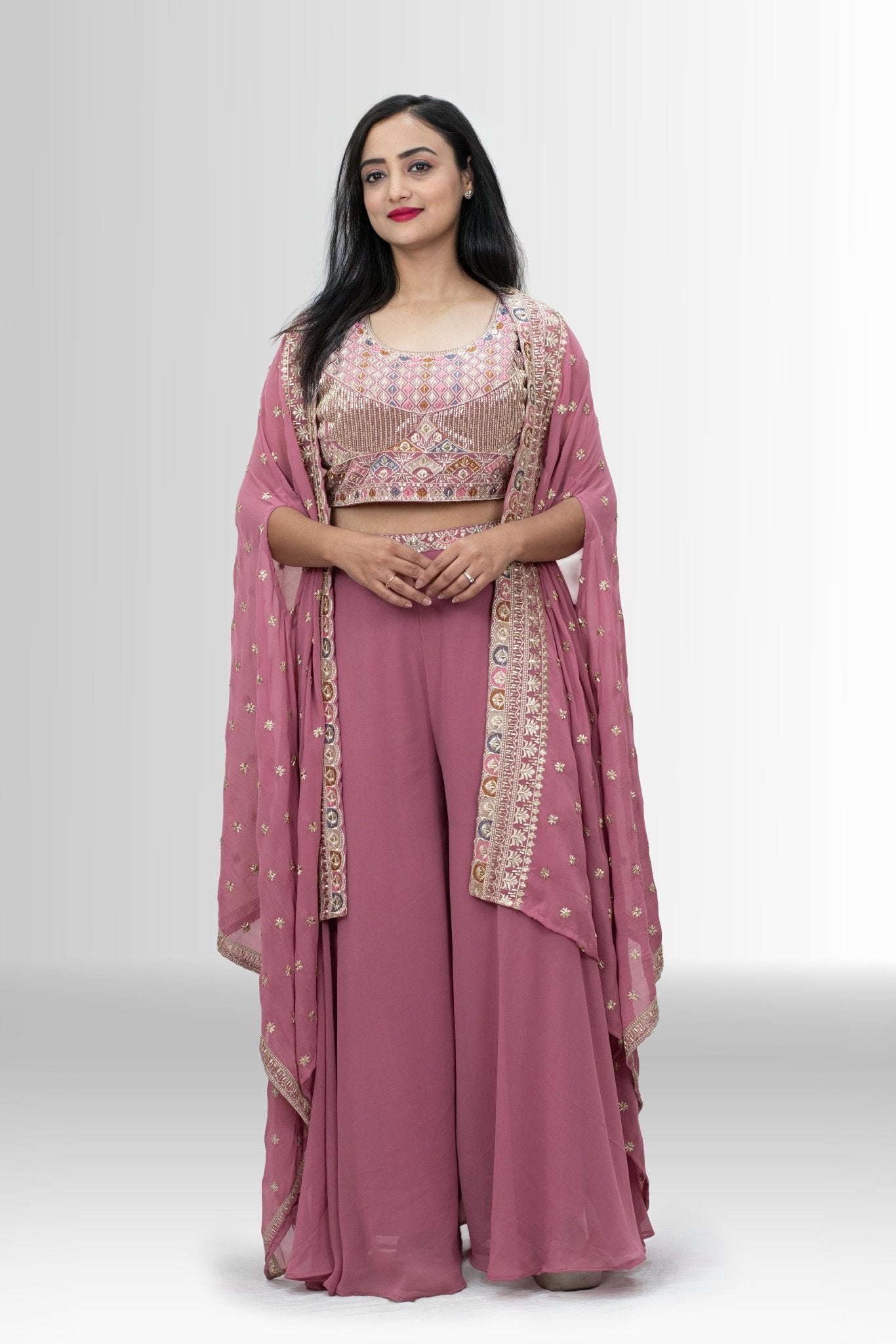 Elegant Pink Indo Western Crop Top, Palazzo & Embroidered Shrug Set