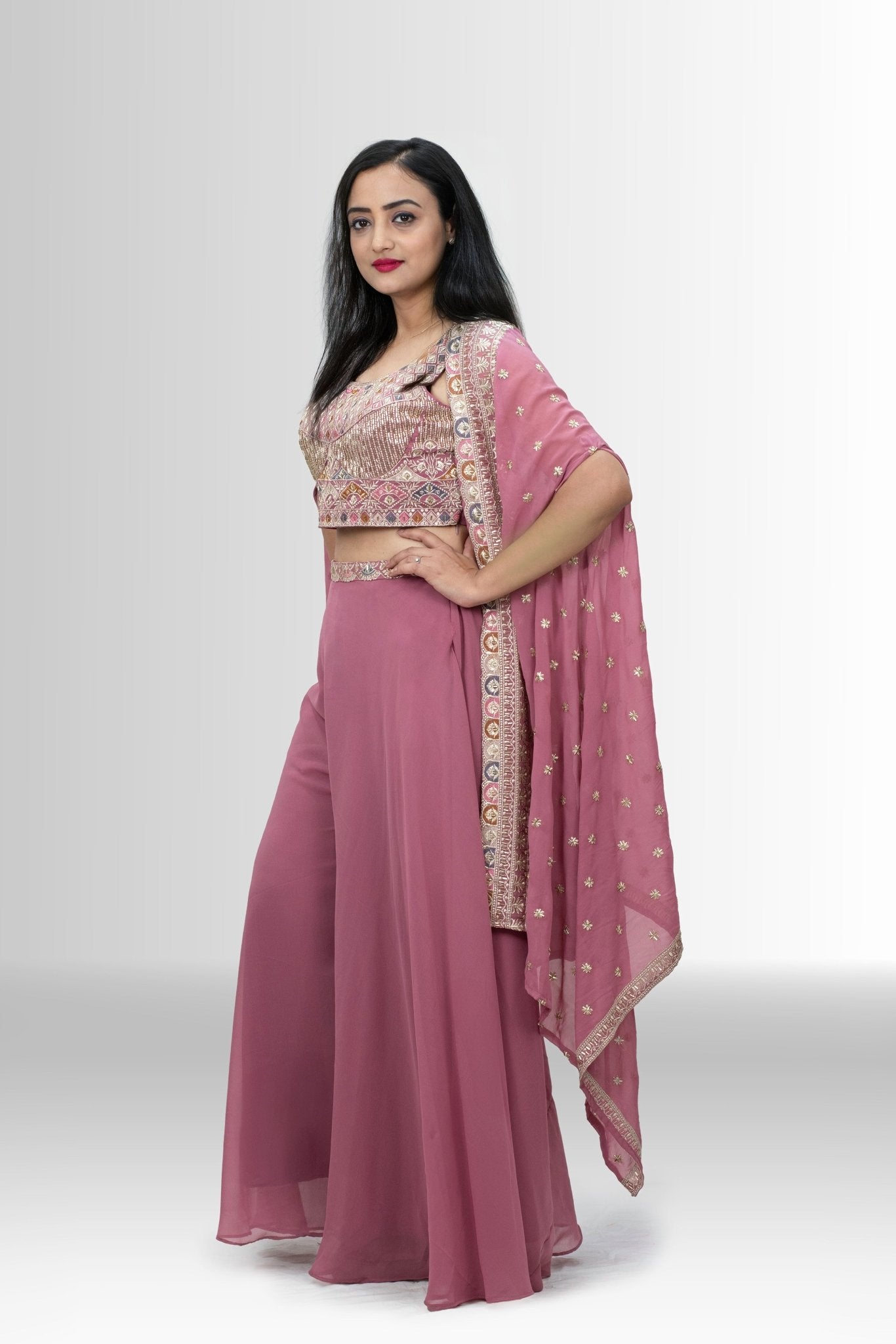 Elegant Pink Indo Western Crop Top, Palazzo & Embroidered Shrug Set