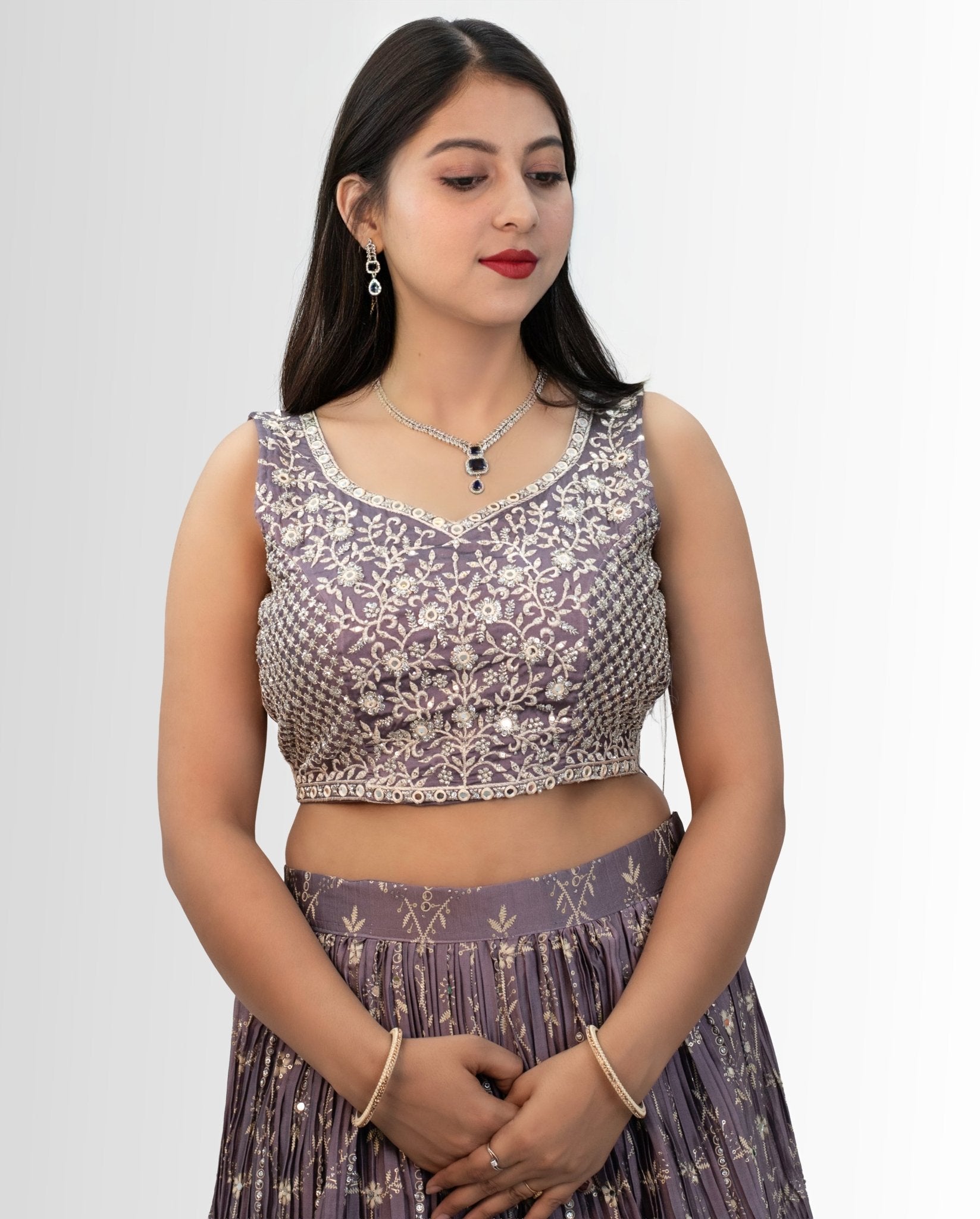 Elegant Purple Crop Top Lehenga Choli Set - Embellished Party & Festive Wear