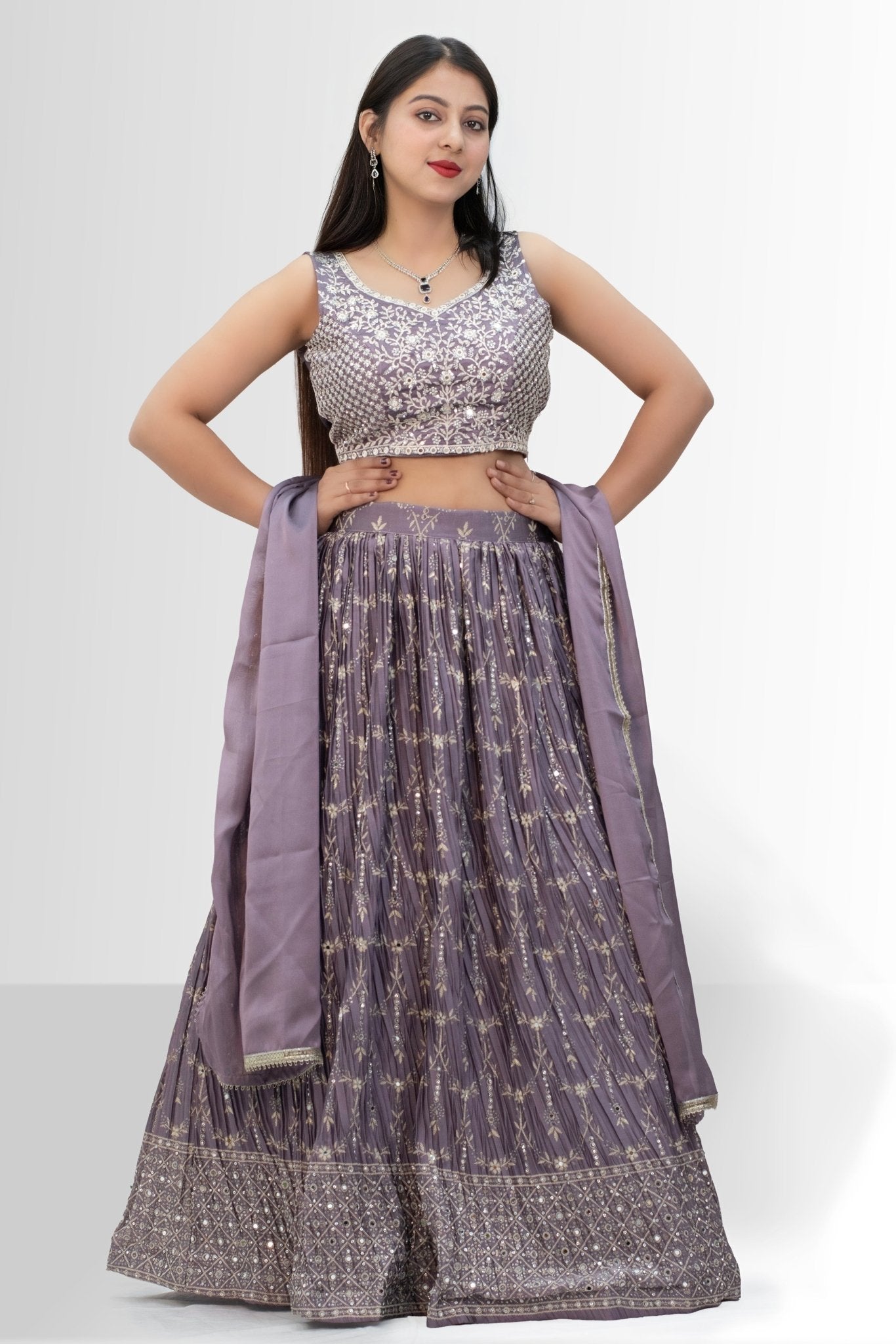Elegant Purple Crop Top Lehenga Choli Set - Embellished Party & Festive Wear