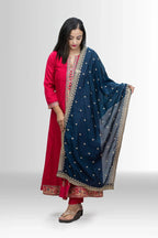 Elegant Red Anarkali Suit with Blue Embroidered Dupatta