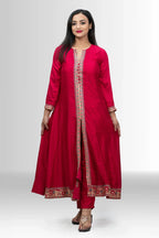 Elegant Red Anarkali Suit with Blue Embroidered Dupatta