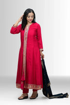 Elegant Red Anarkali Suit with Blue Embroidered Dupatta