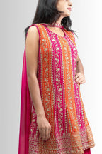 Embroidered Peplum Sharara outfit in Rani Pink & Orange