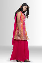 Embroidered Peplum Sharara outfit in Rani Pink & Orange