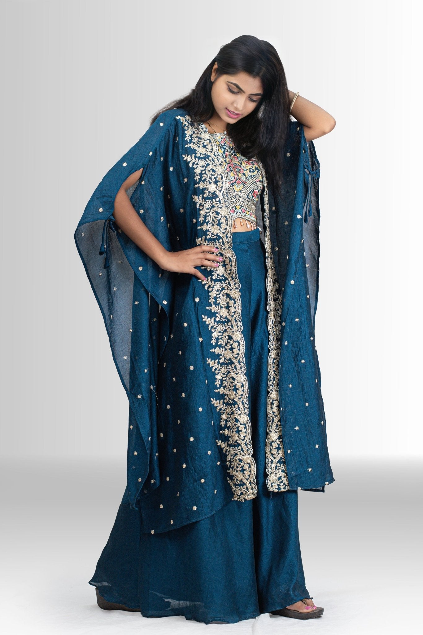 Embroidered Top & Palazzo Set with Shrug - Indo western for women
