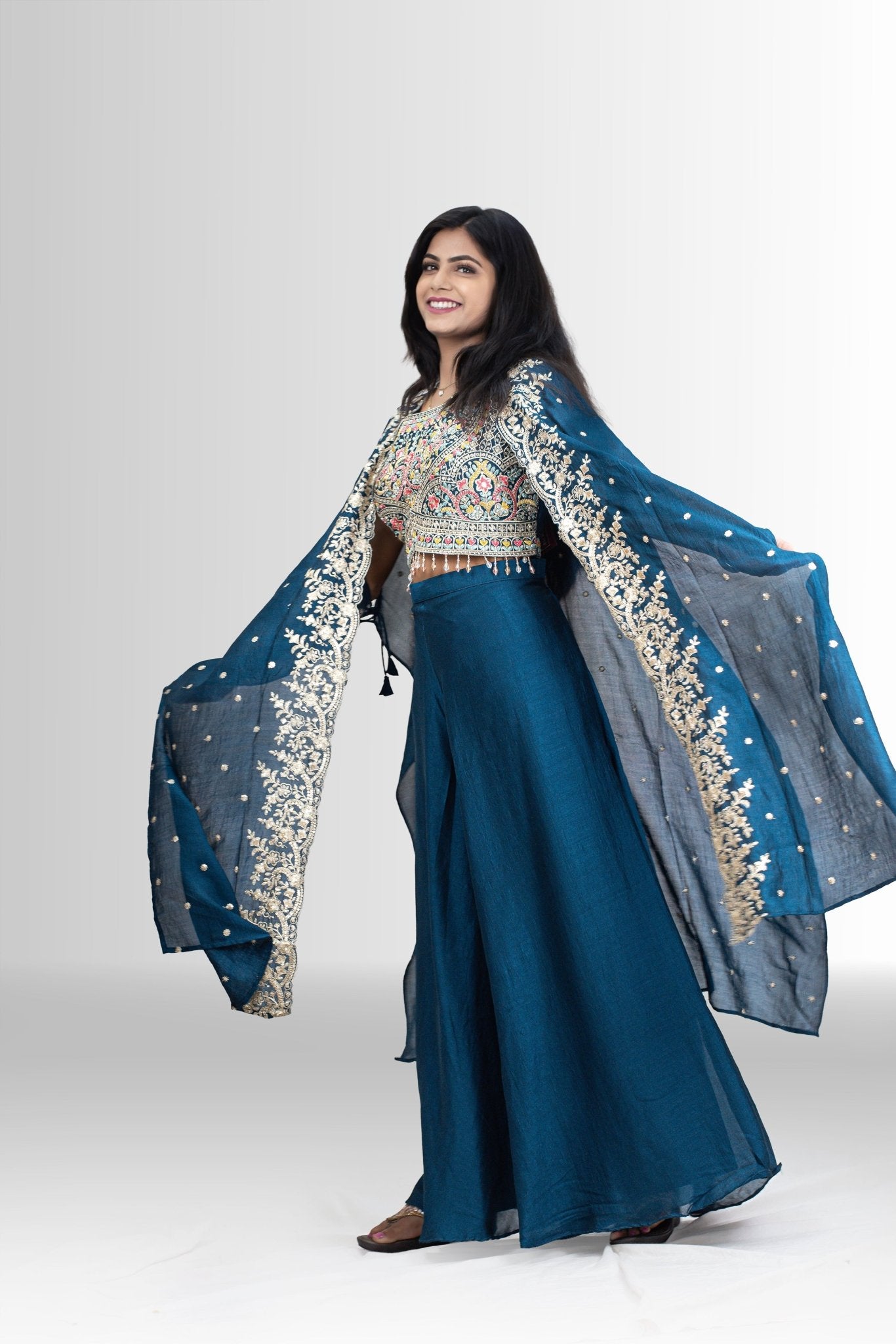 Embroidered Top & Palazzo Set with Shrug - Indo western for women