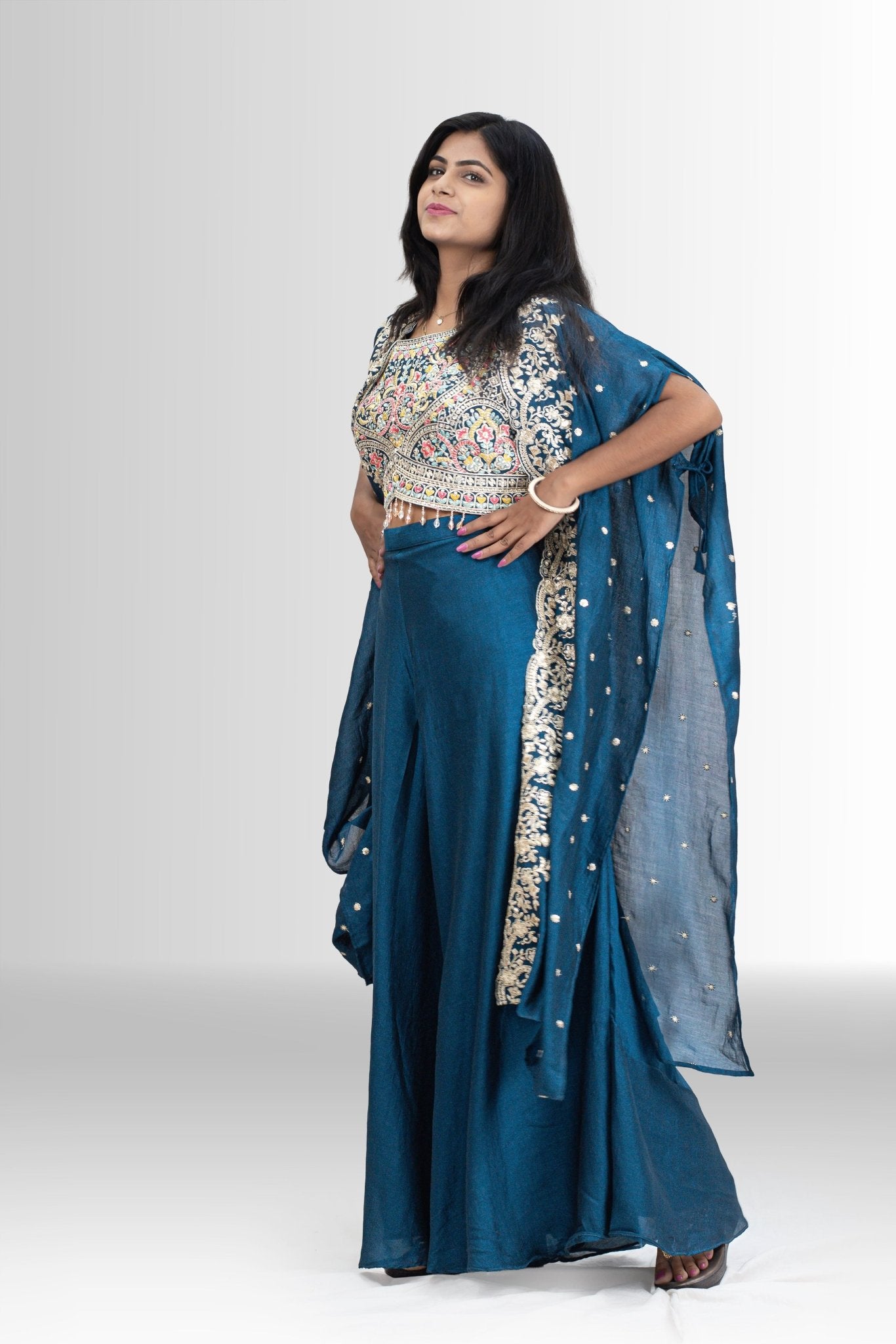 blue indo western for women with handwork and shrug