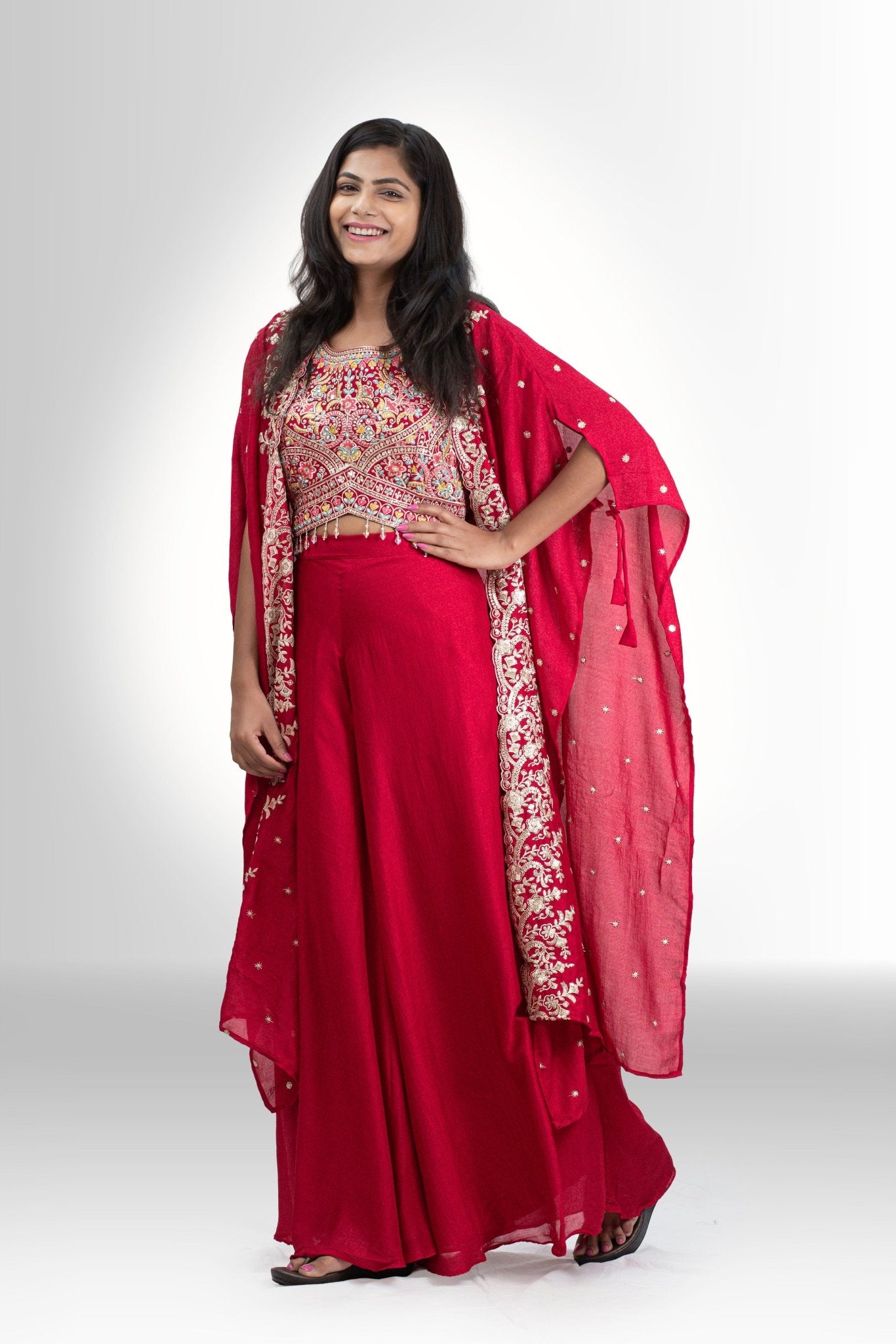 Embroidered Top & Palazzo Set with Shrug - Indo western for women