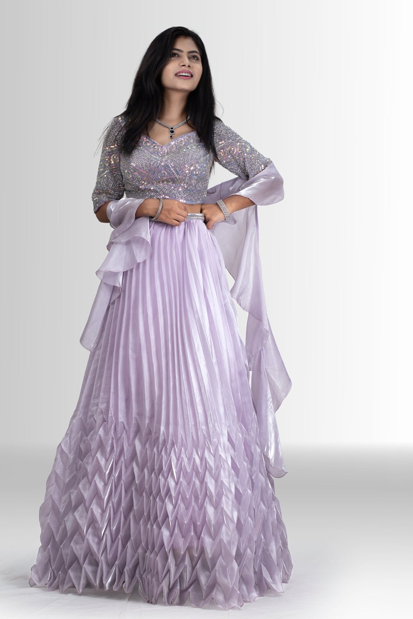 Enchanting Lavender Sequin Blouse & Pleated Lehenga with Dupatta