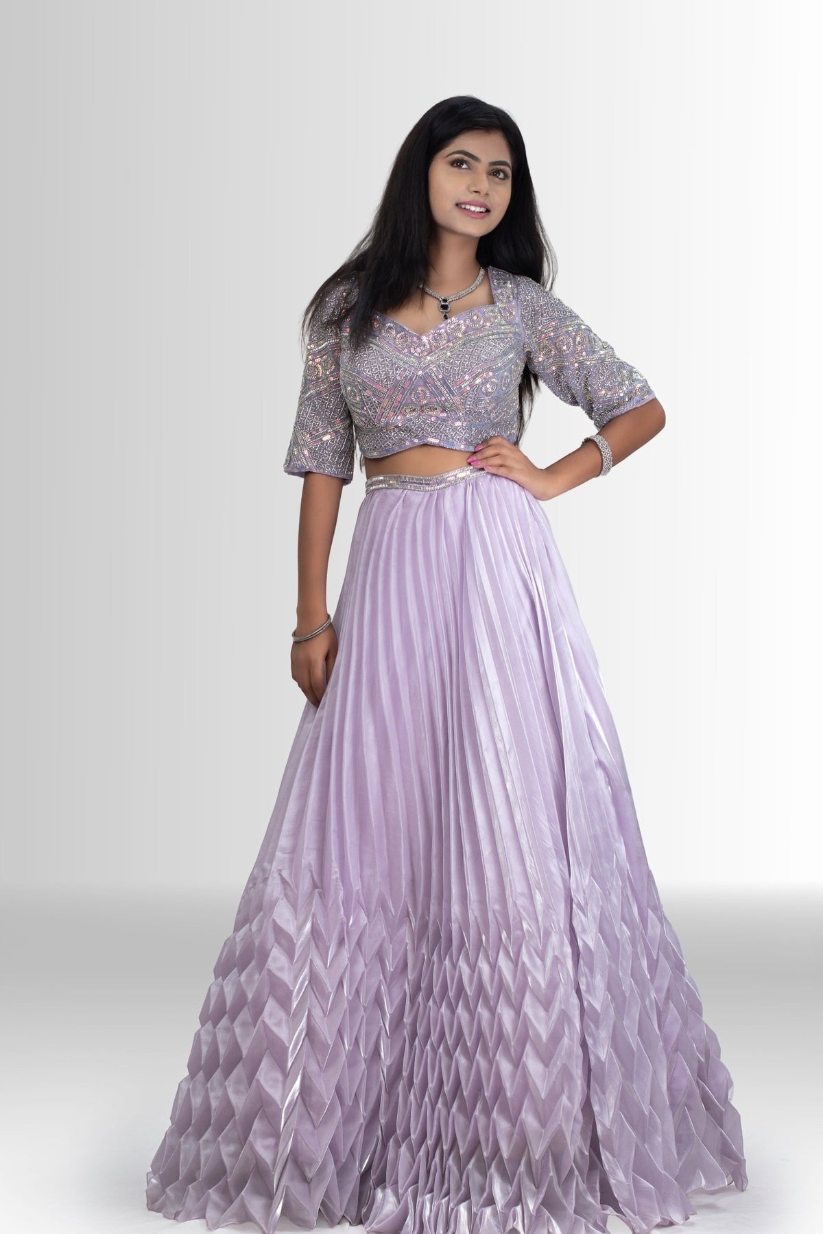 Enchanting Lavender Sequin Blouse & Pleated Lehenga with Dupatta