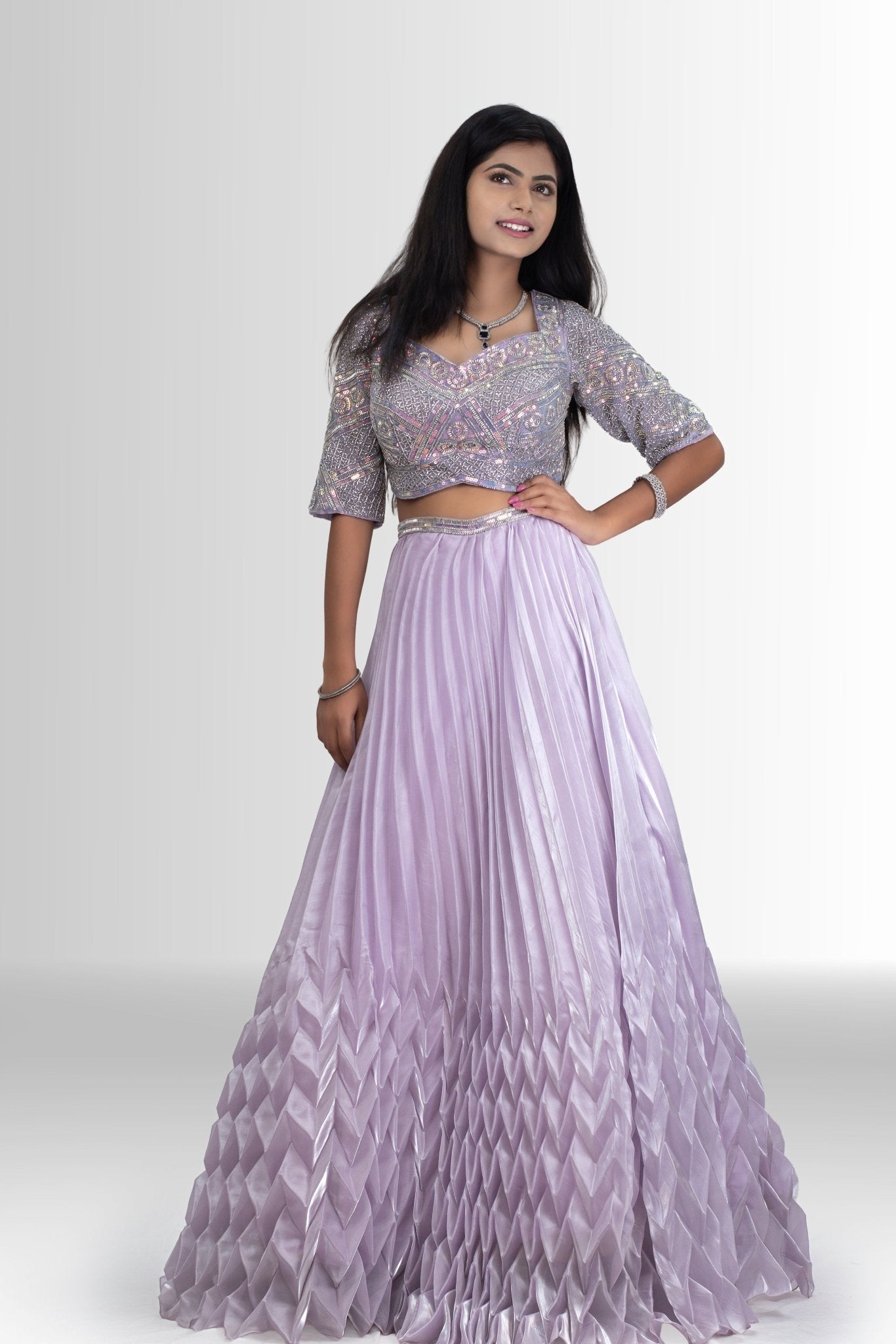 Enchanting Lavender Sequin Blouse & Pleated Lehenga with Dupatta