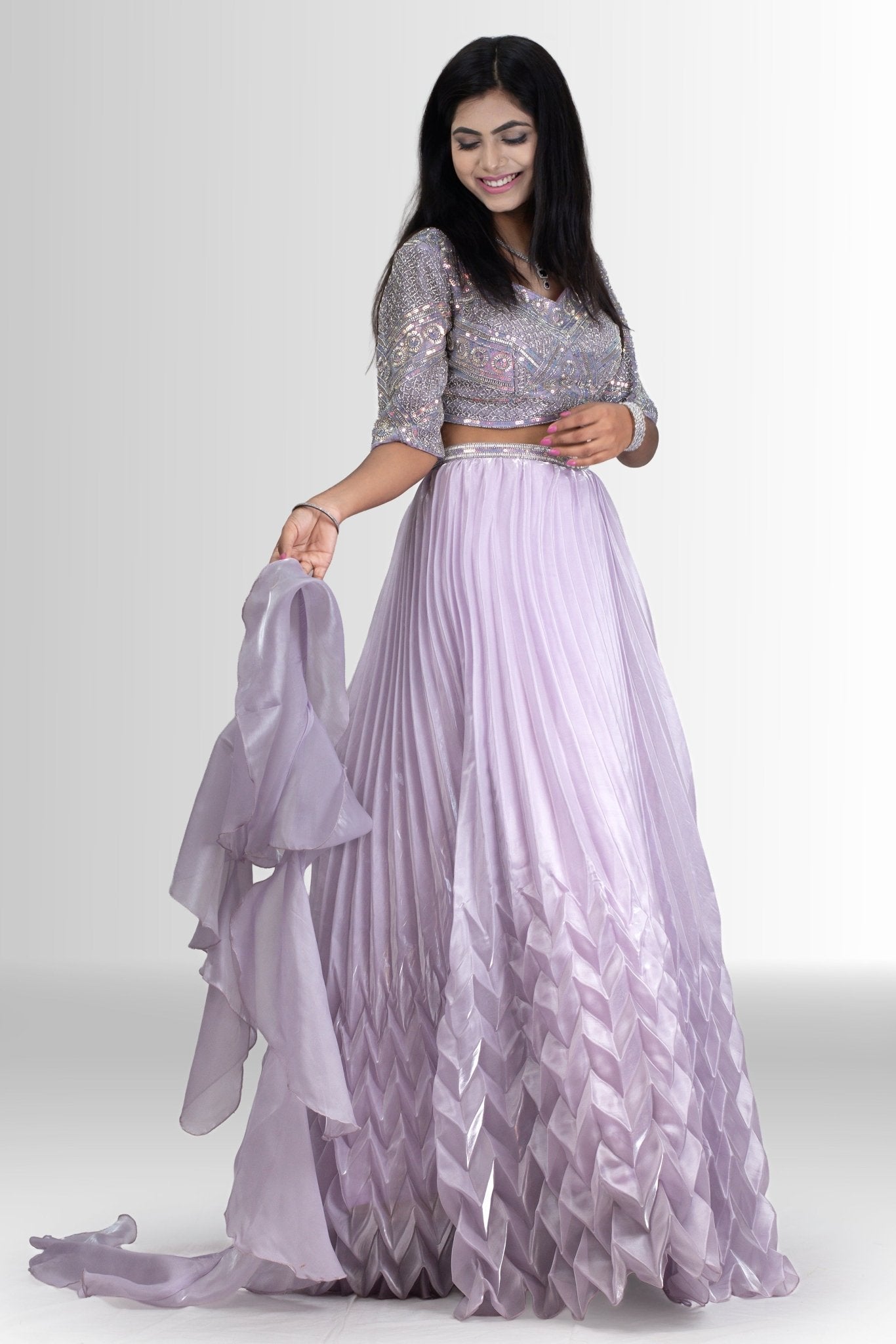 Enchanting Lavender Sequin Blouse & Pleated Lehenga with Dupatta