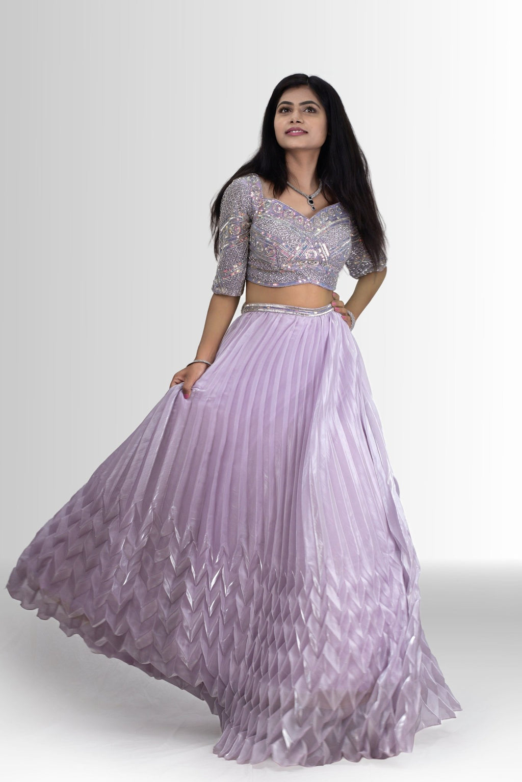Enchanting Lavender Sequin Blouse & Pleated Lehenga with Dupatta