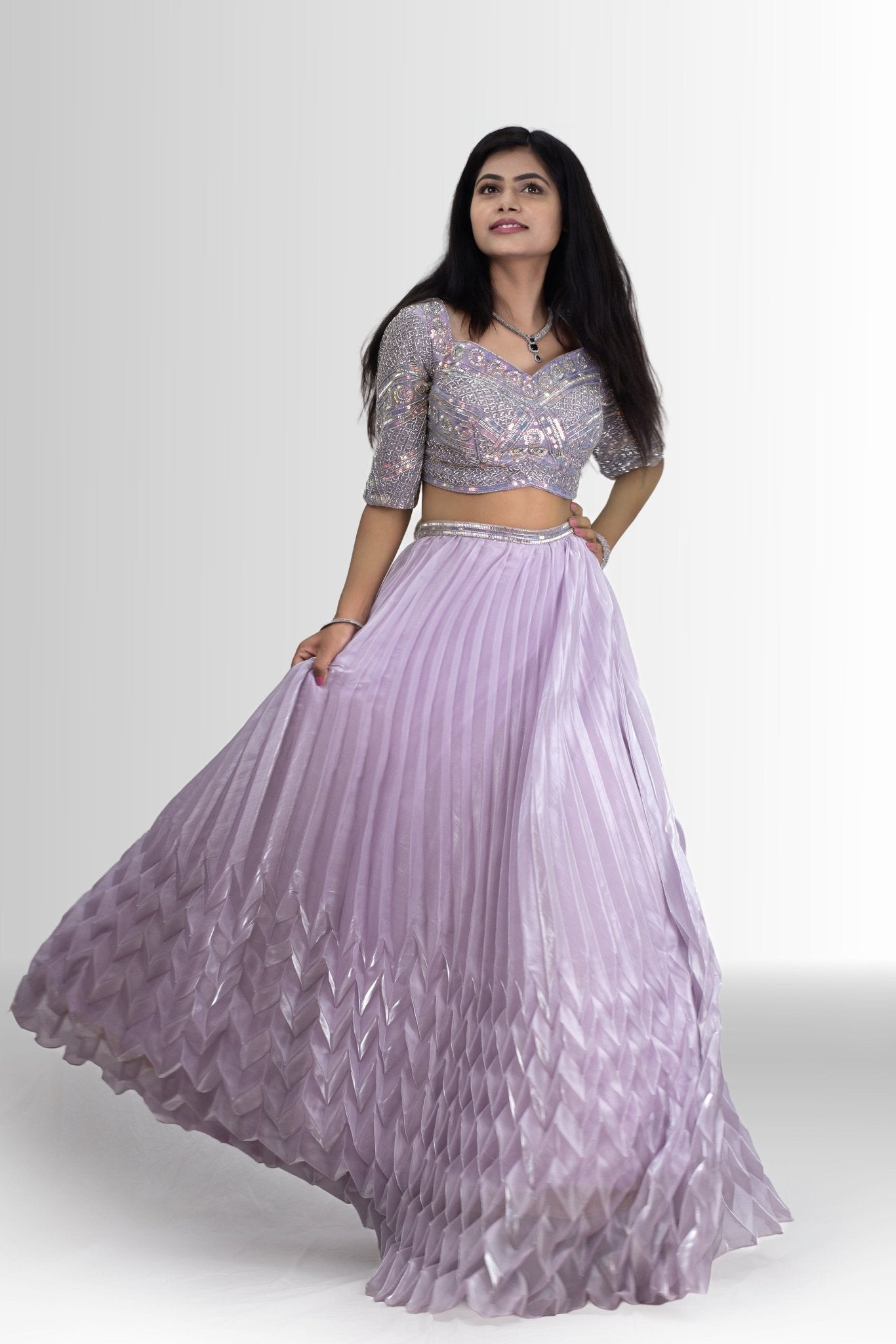Enchanting Lavender Sequin Blouse & Pleated Lehenga with Dupatta