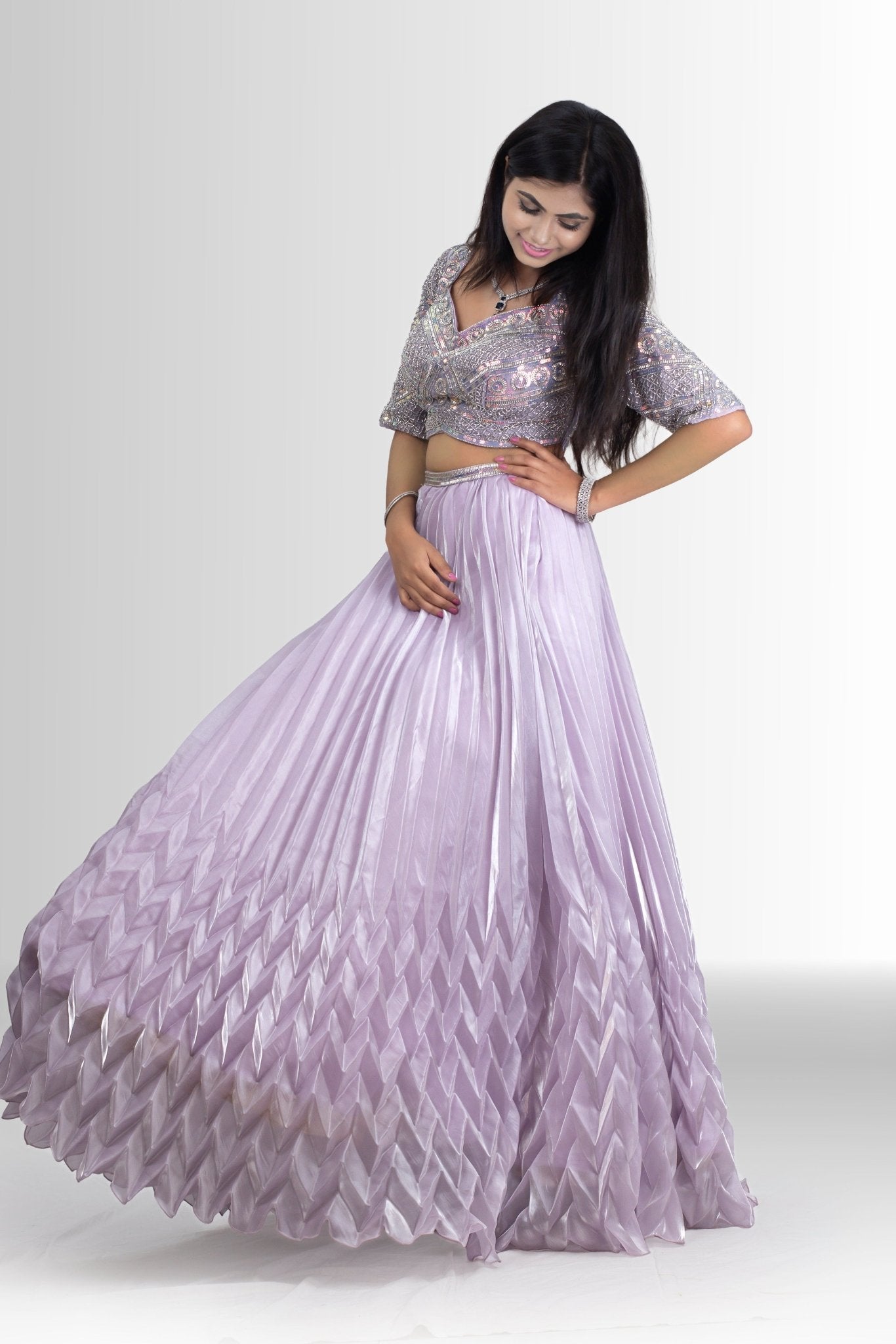 Enchanting Lavender Sequin Blouse & Pleated Lehenga with Dupatta