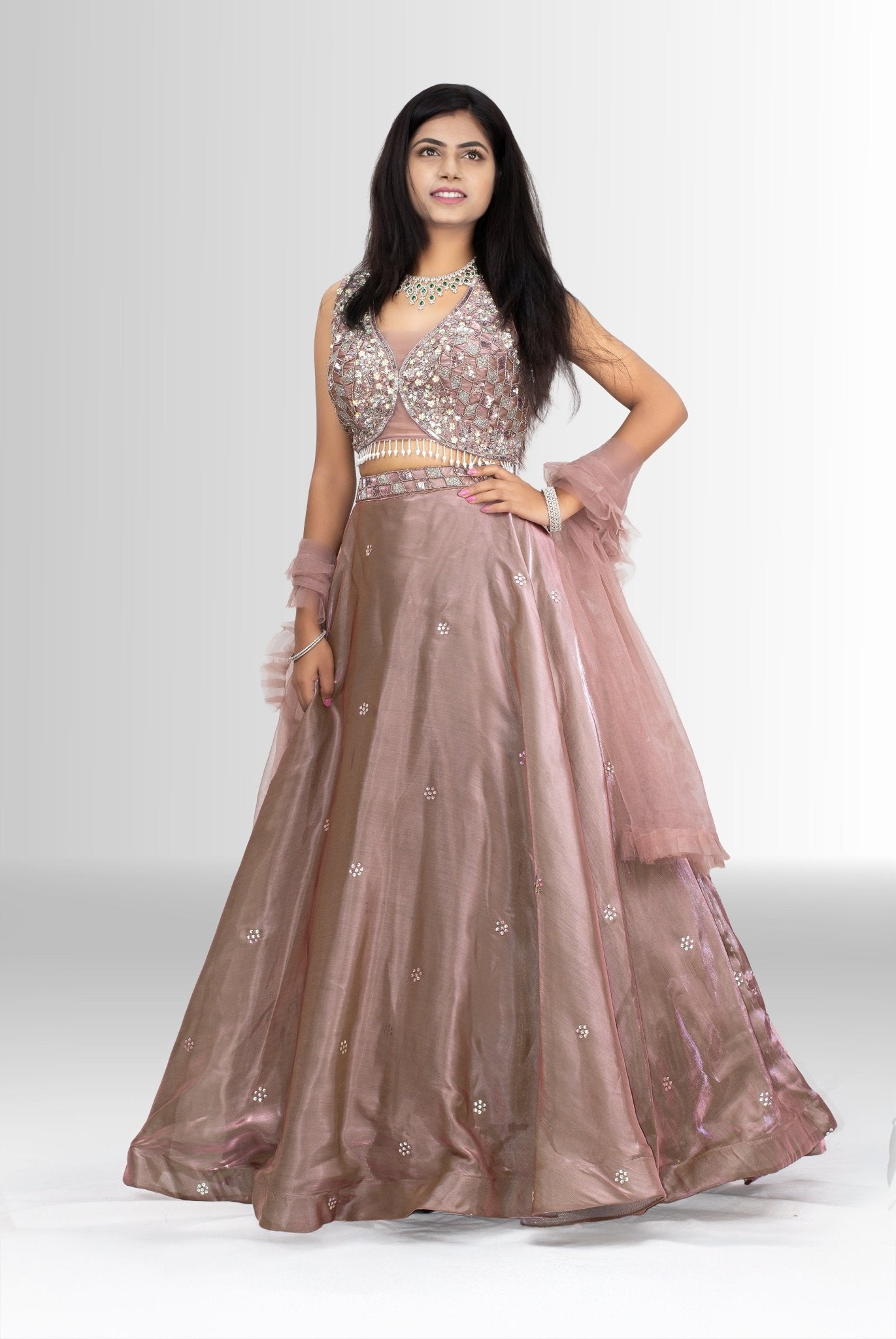 Ethereal Dusty Rose Embellished Crop Top Lehenga Set