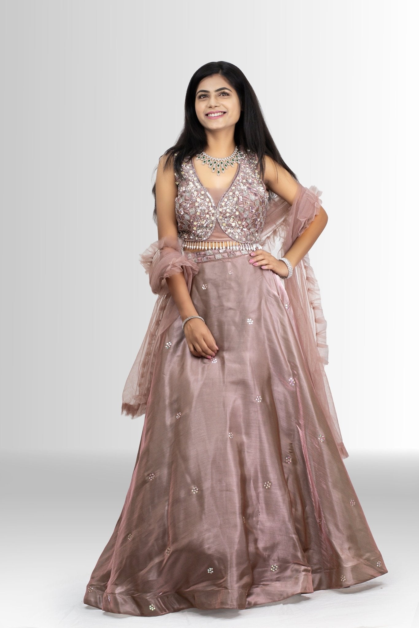 Ethereal Dusty Rose Embellished Crop Top Lehenga Set