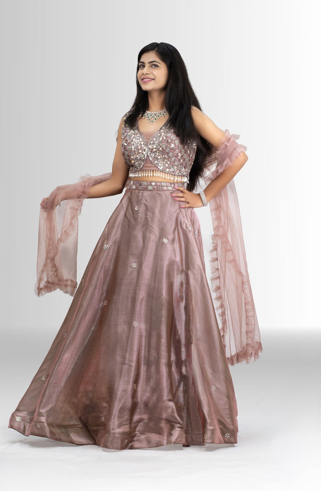 Ethereal Dusty Rose Embellished Crop Top Lehenga Set