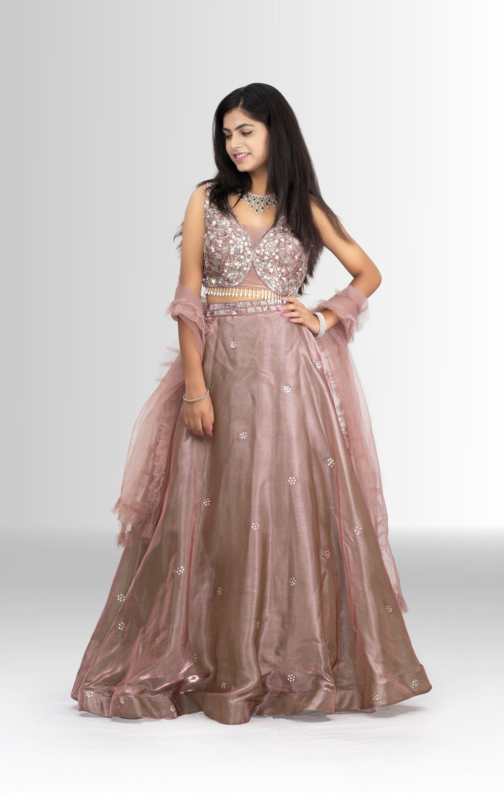 Ethereal Dusty Rose Embellished Crop Top Lehenga Set - Designer Lehenga by Rosio House