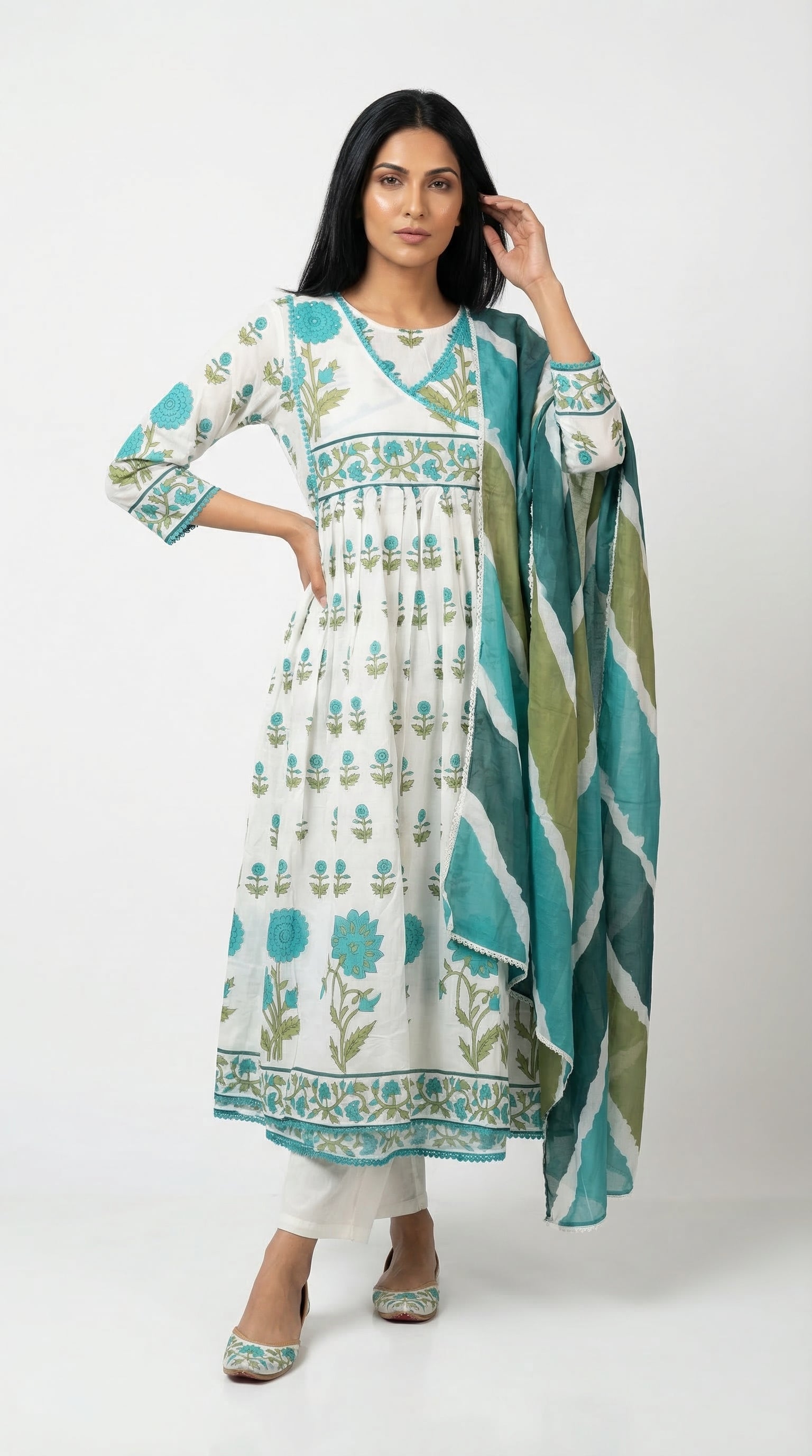 White & Teal Green Block Print Cotton Suit Set | Rosio House