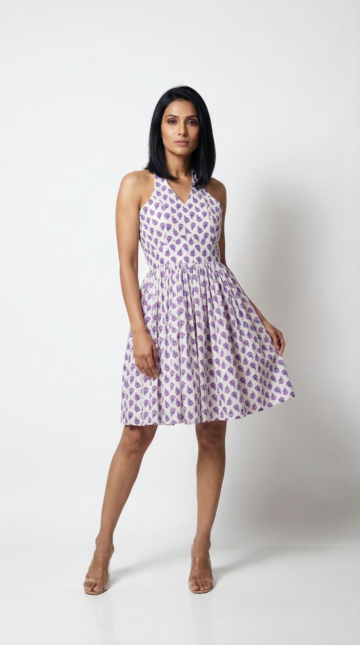 Purple Block Print Halter Neck Cotton Dress with Lining | Rosio House