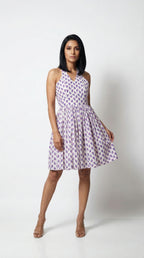 Purple Block Print Halter Neck Cotton Dress with Lining | Rosio House