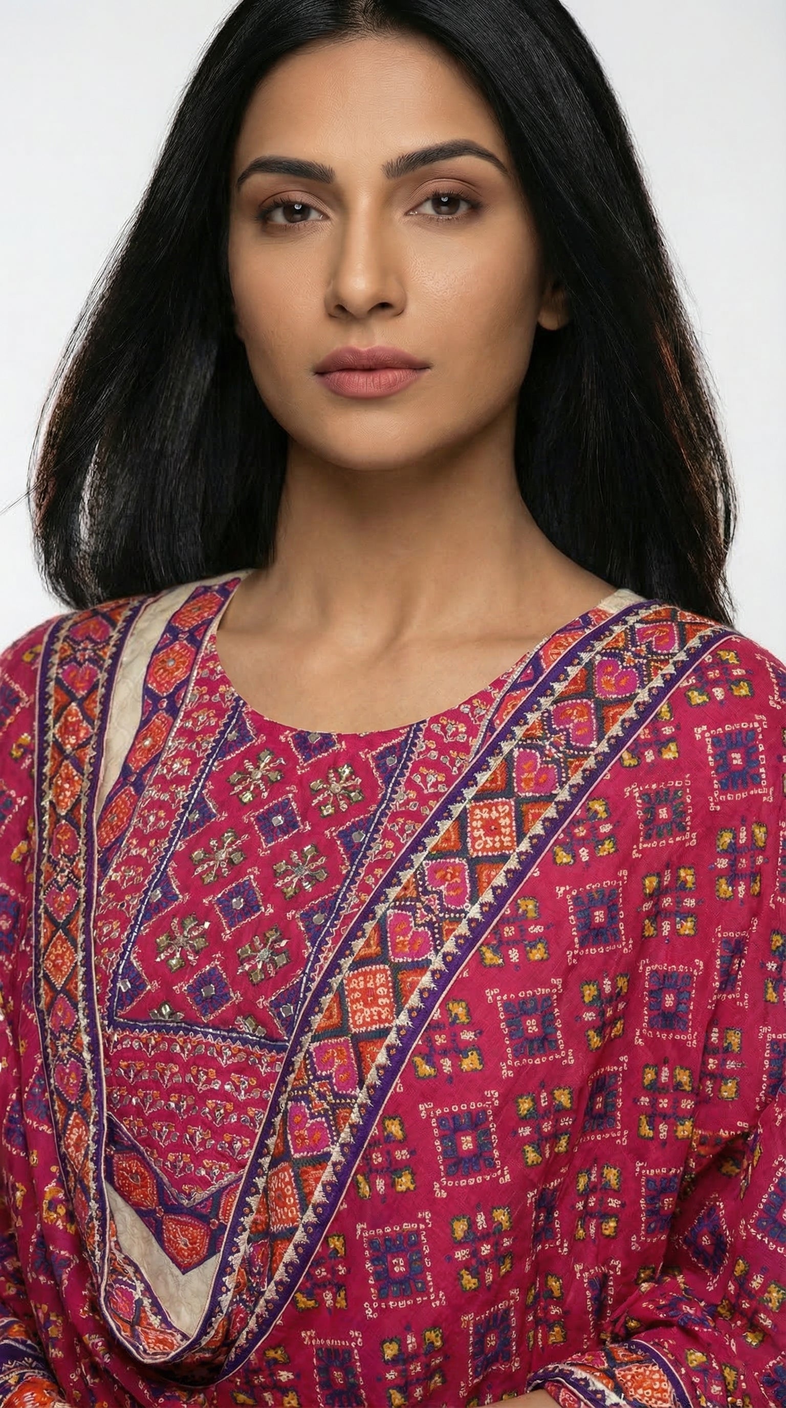 Vibrant Cream & Fuchsia Cotton Suit with Printed Dupatta | Rosio House