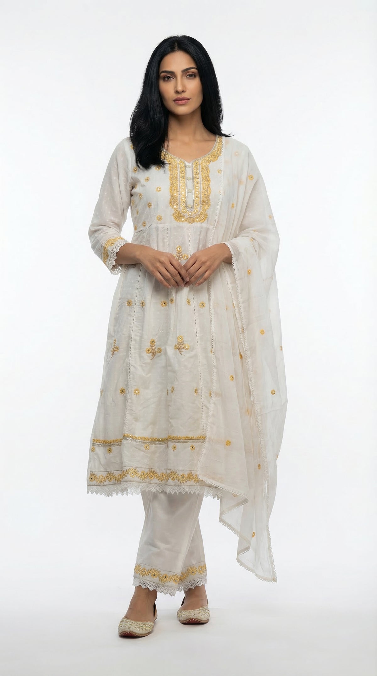Cream & Gold Embroidered Cotton Suit Set | Rosio House