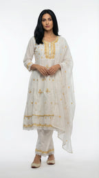 Cream & Gold Embroidered Cotton Suit Set | Rosio House