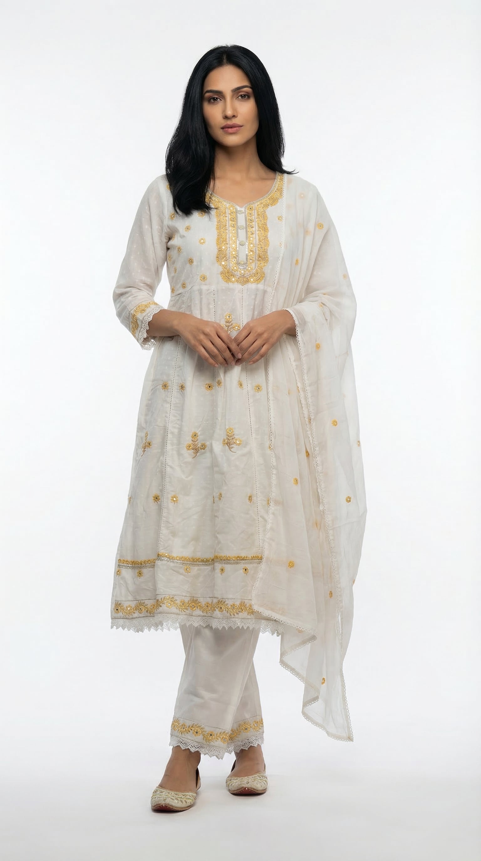 Cream & Gold Embroidered Cotton Suit Set | Rosio House