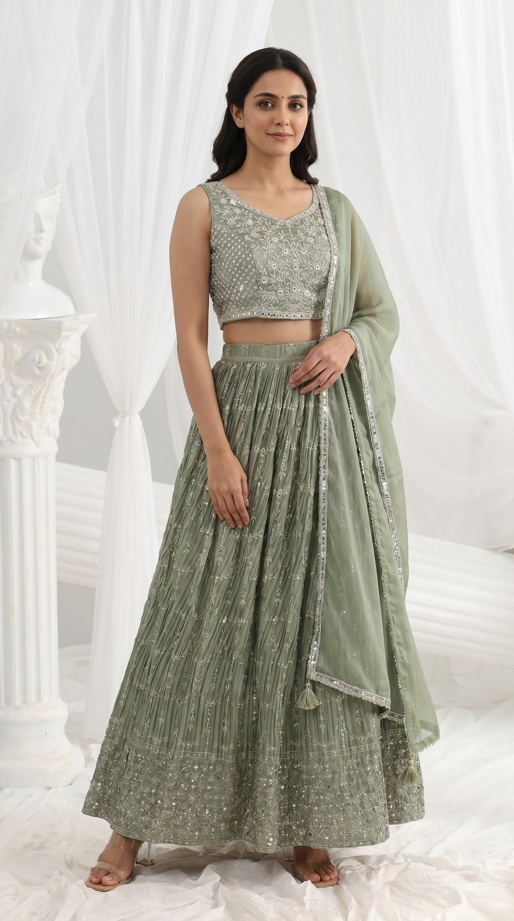 Sage Green Pleated Lightweight Lehenga Set | Rosio House