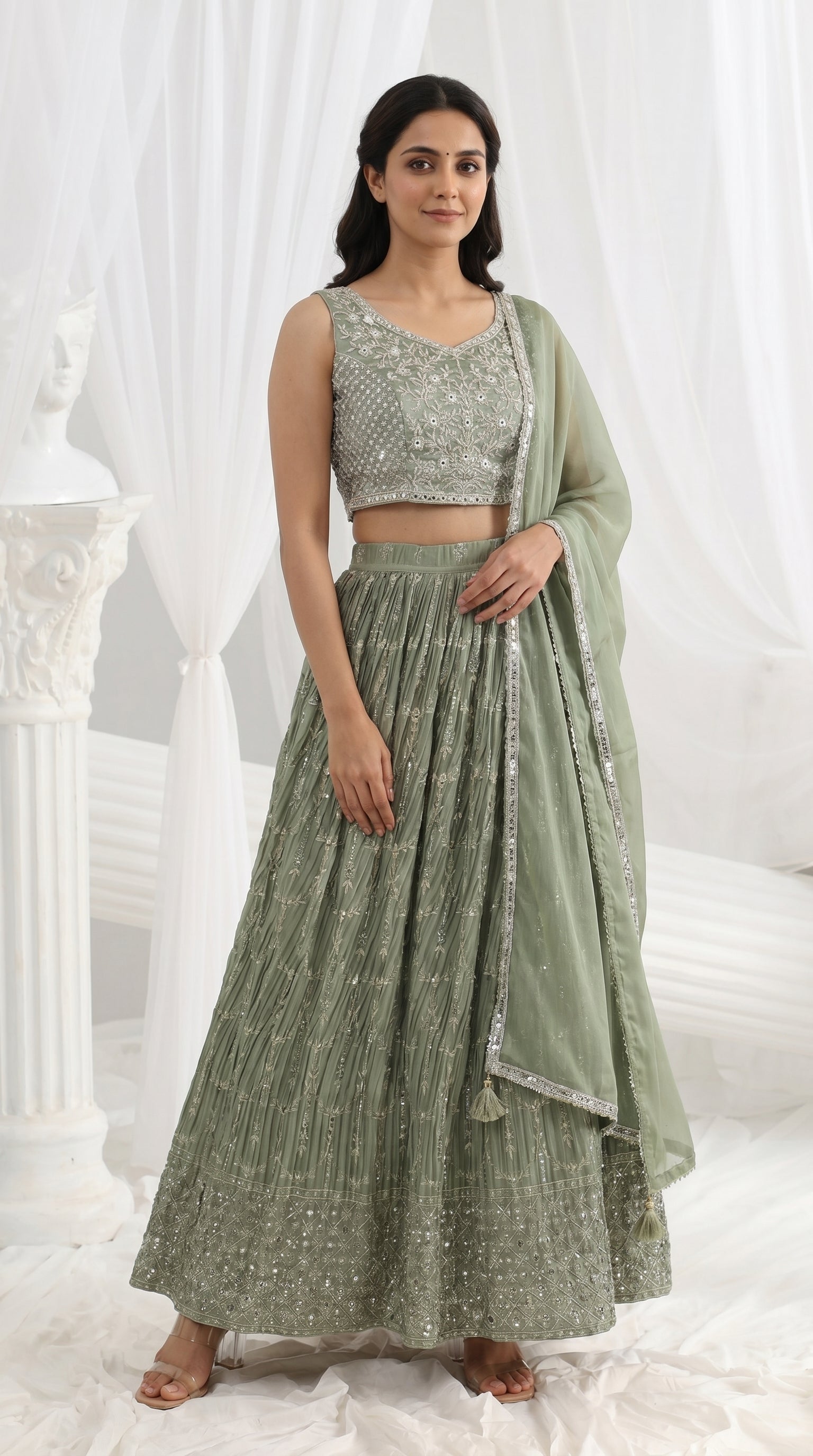 Sage Green Pleated Lightweight Lehenga Set | Rosio House