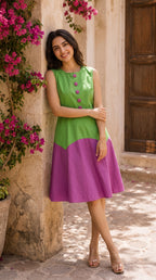 Green & Purple Colorblock Cotton Midi Dress | Rosio House