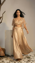Champagne Embroidered Cape Set | Flowy Palazzo & Crop Top | Rosio House