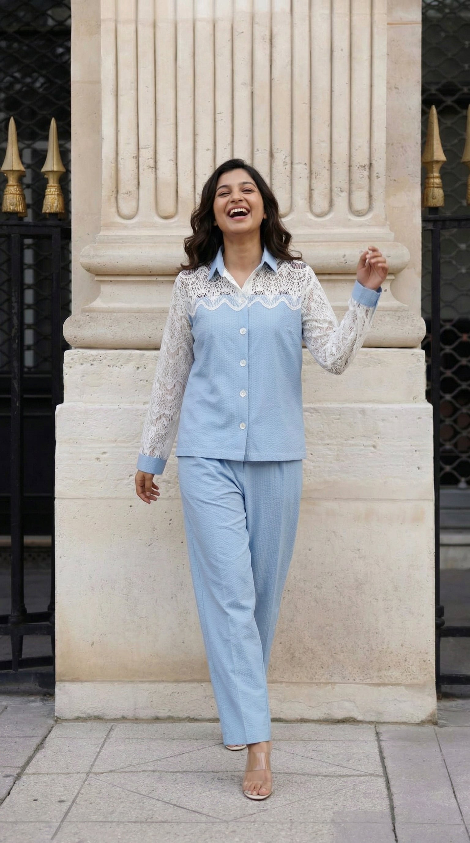 Light Blue Cotton Cord Set with Schiffli Lace | Rosio House