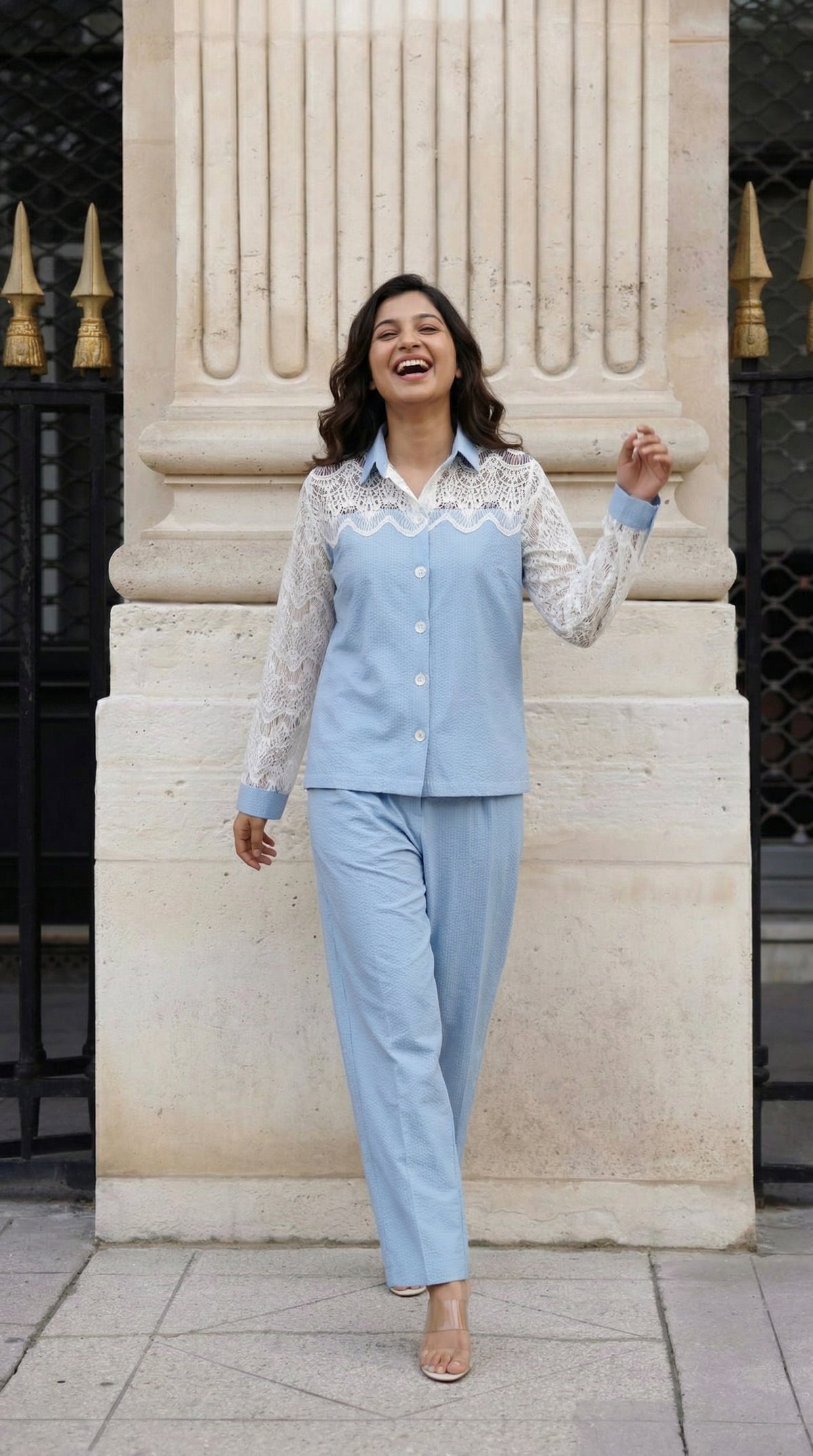 Light Blue Cotton Cord Set with Schiffli Lace | Rosio House