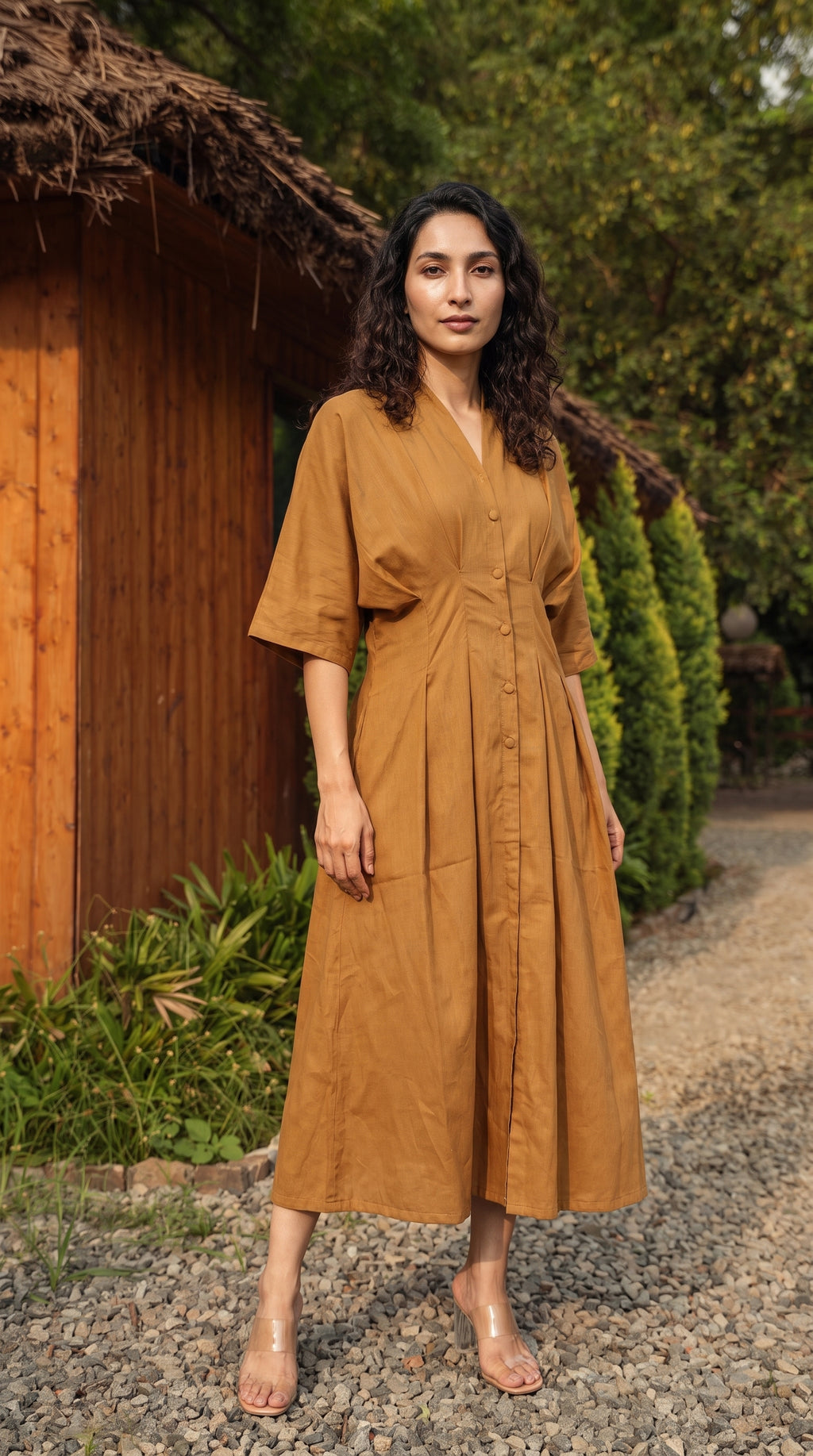 Ochre Cotton Linen Button-Down Midi Dress | Rosio House