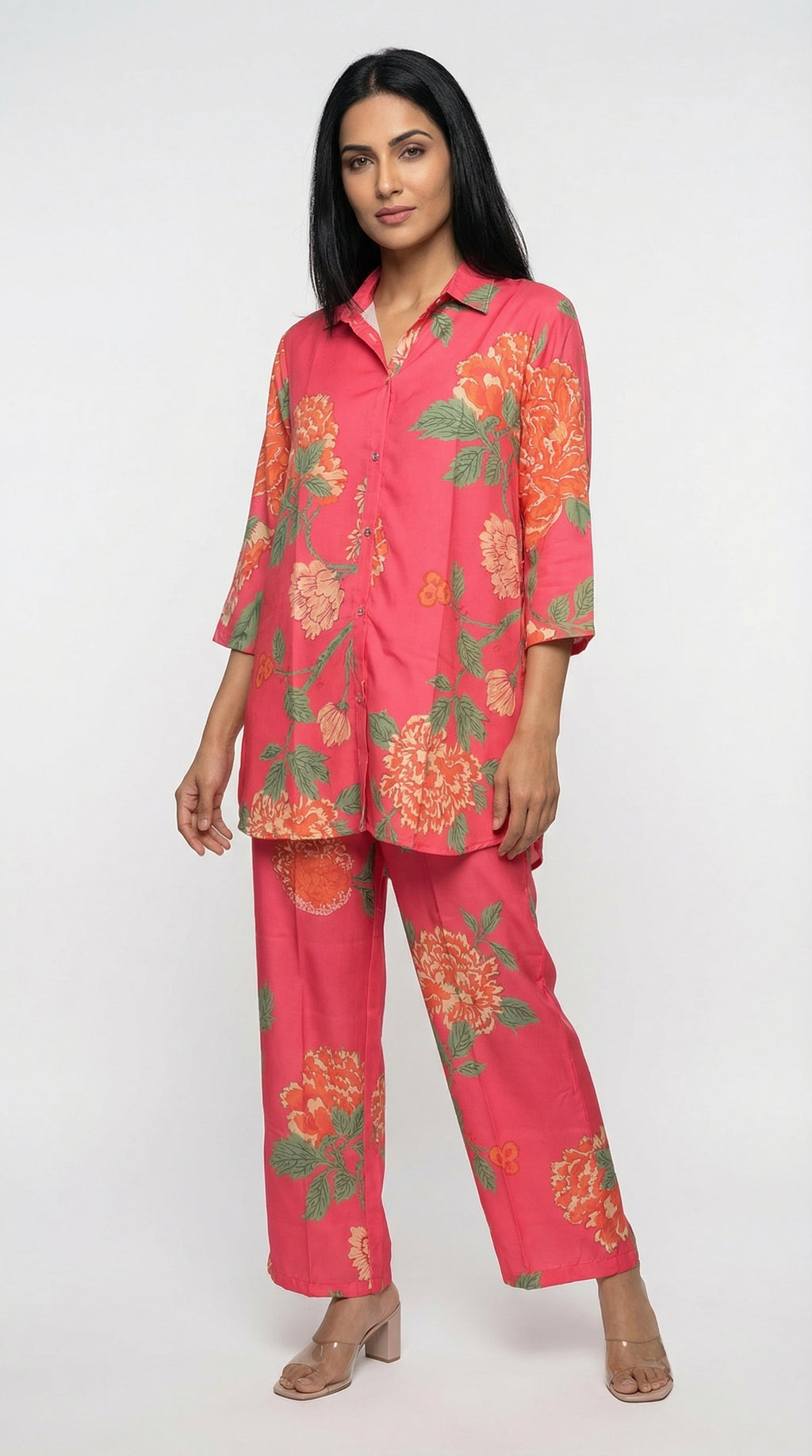 Coral Pink Floral Cord Set for Women | Shirt & Pants | Rosio House