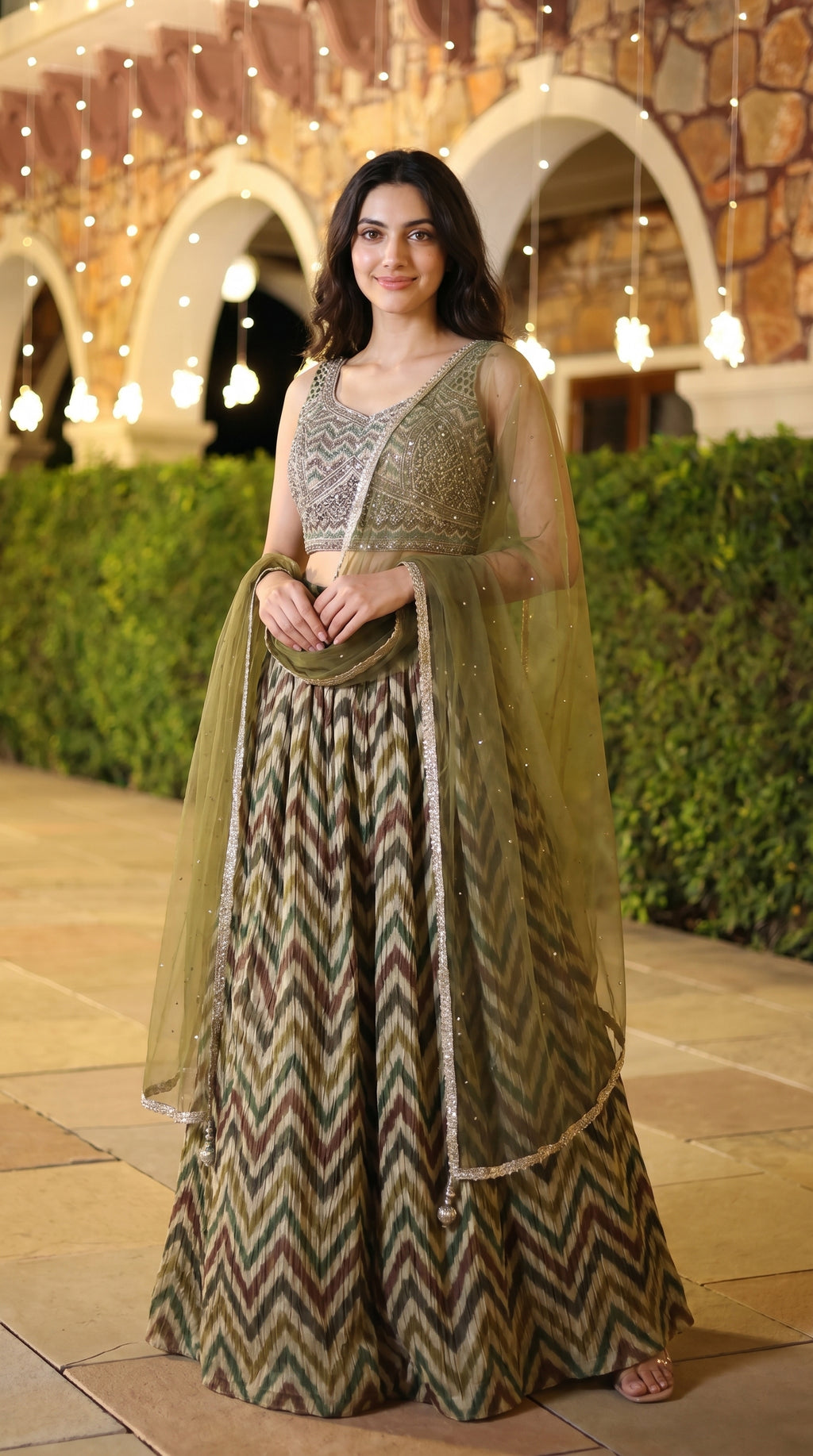 Olive Green Chevron Printed Lightweight Lehenga Set with Handwork Blouse | Rosio House