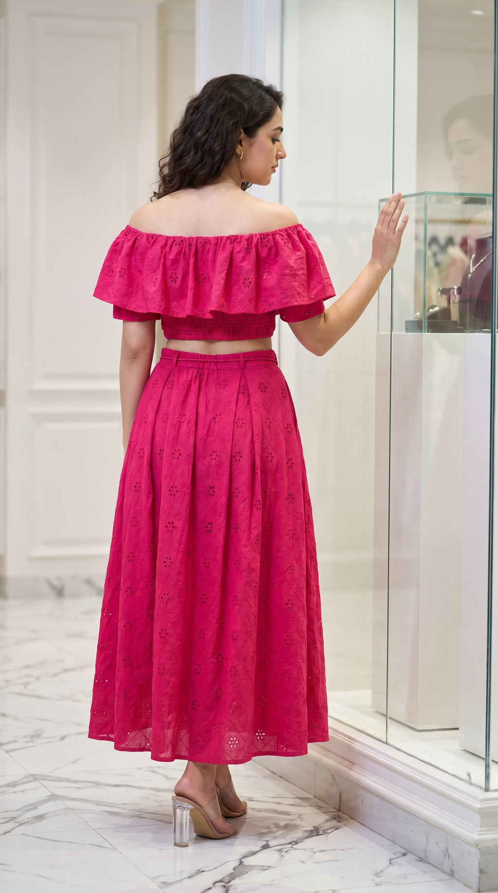 Close-up detail of the Fuchsia Pink Dress, featuring Schiffli by Rosio House — ideal for Brunch