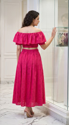 Close-up detail of the Fuchsia Pink Dress, featuring Schiffli by Rosio House — ideal for Brunch