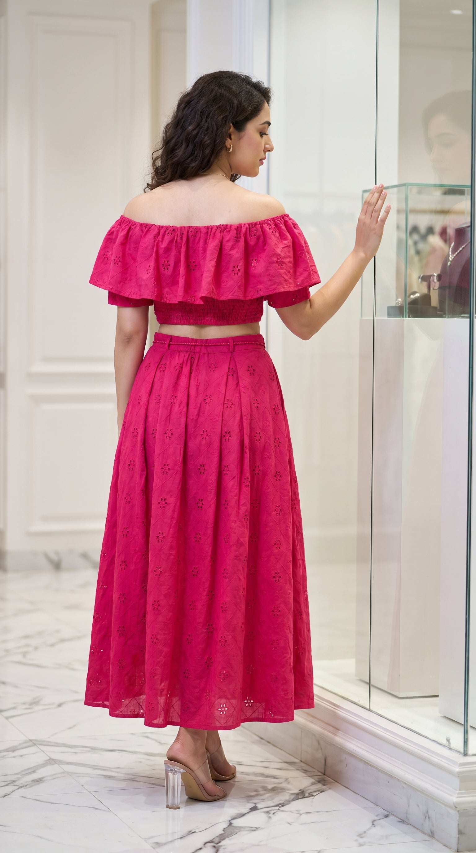 Close-up detail of the Fuchsia Pink Dress, featuring Schiffli by Rosio House — ideal for Brunch