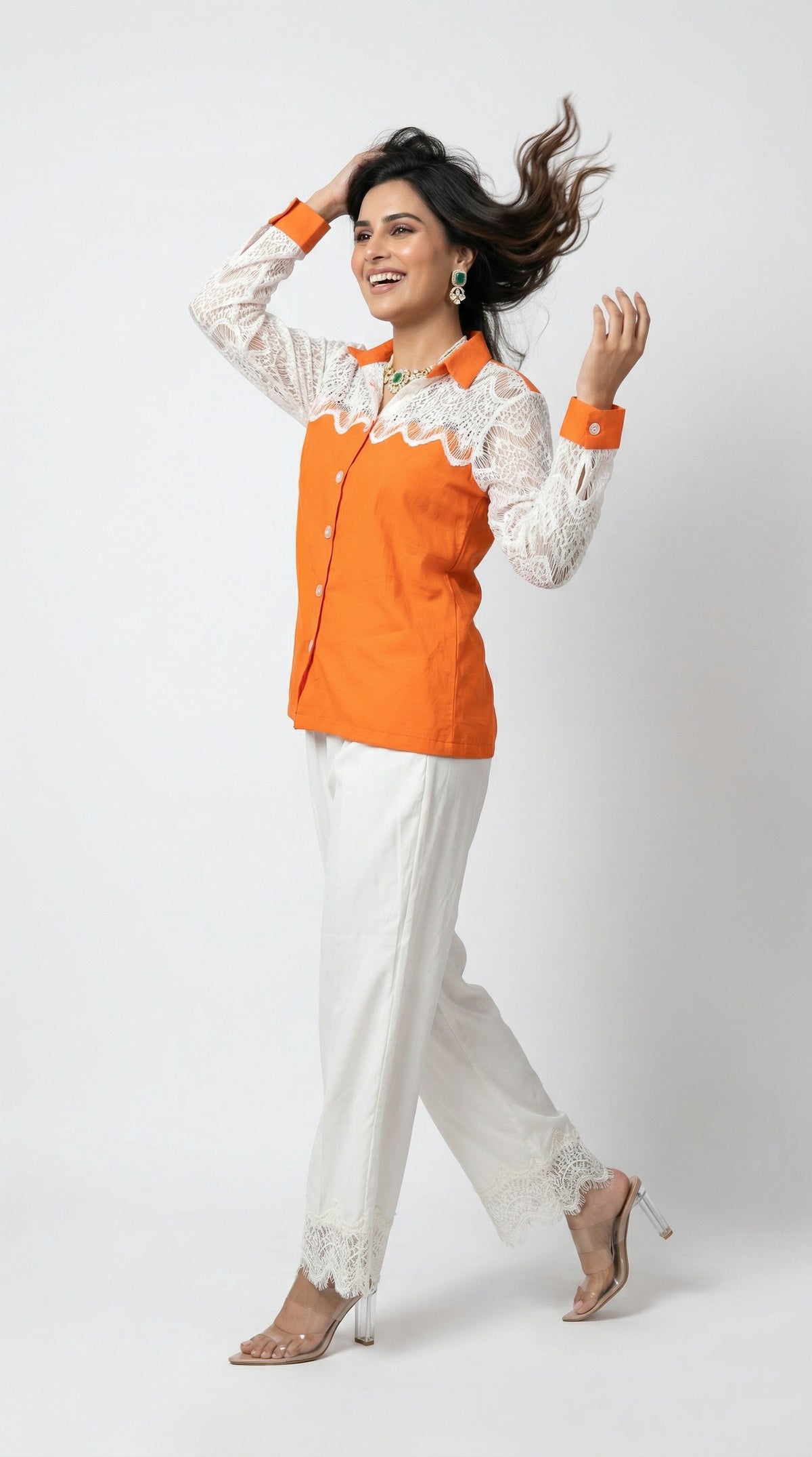 Orange & White Cotton Cord Set with Schiffli Lace | Rosio House