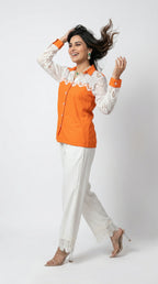 Orange & White Cotton Cord Set with Schiffli Lace | Rosio House