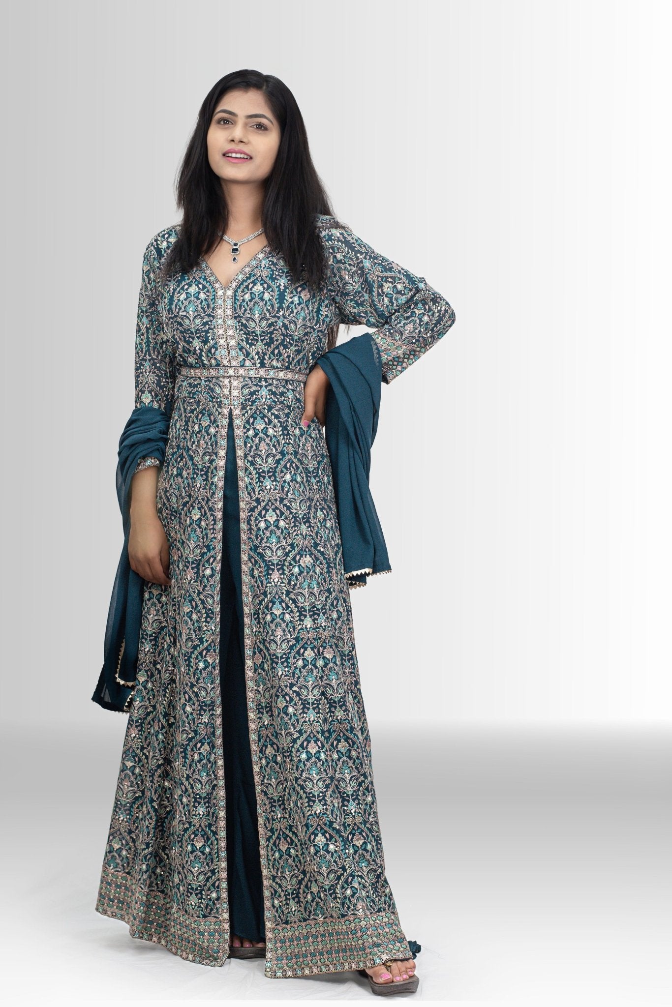 blue handwork gown with open front for women. 