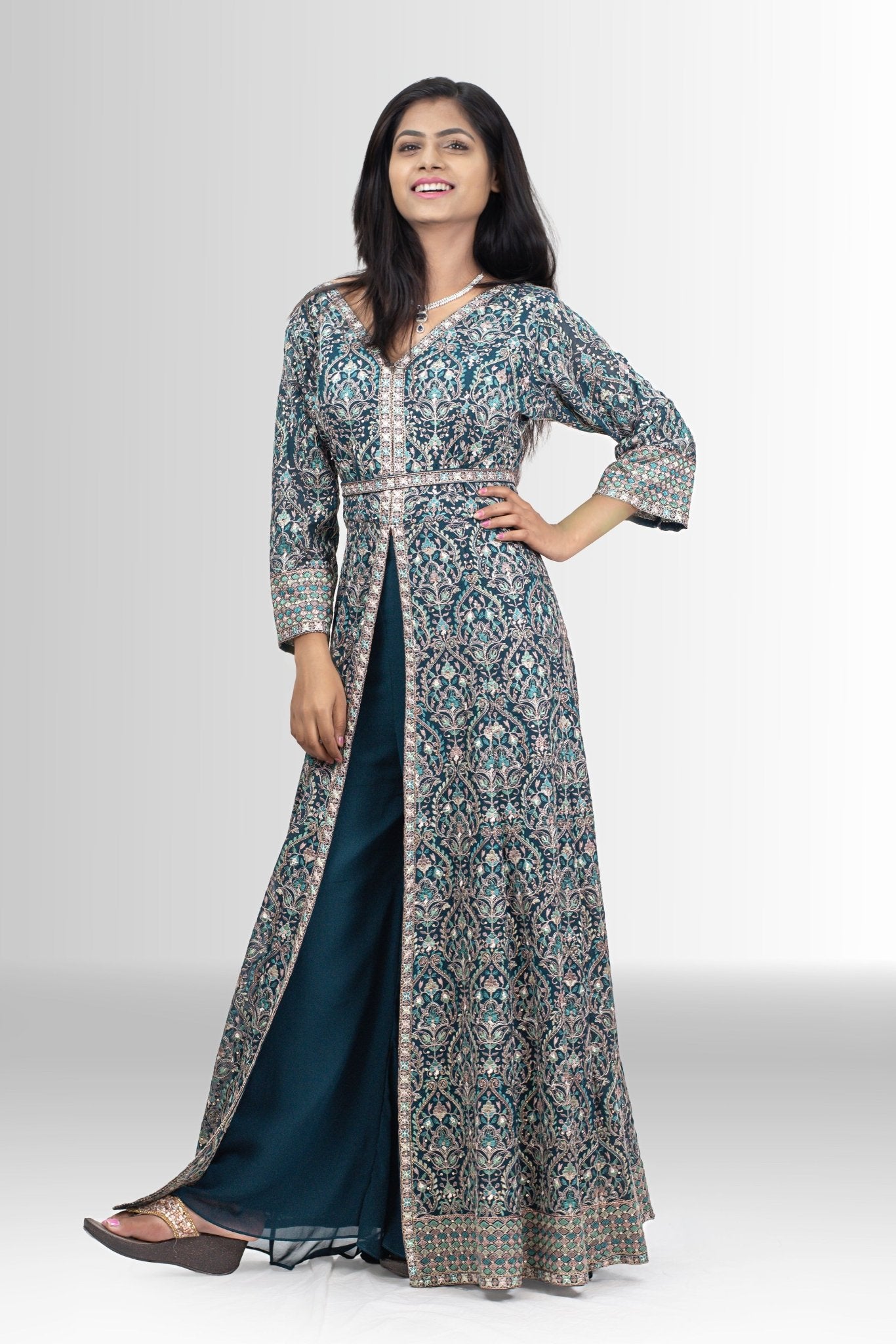 Handwork Silk Front-Open Gown: Regal Elegance