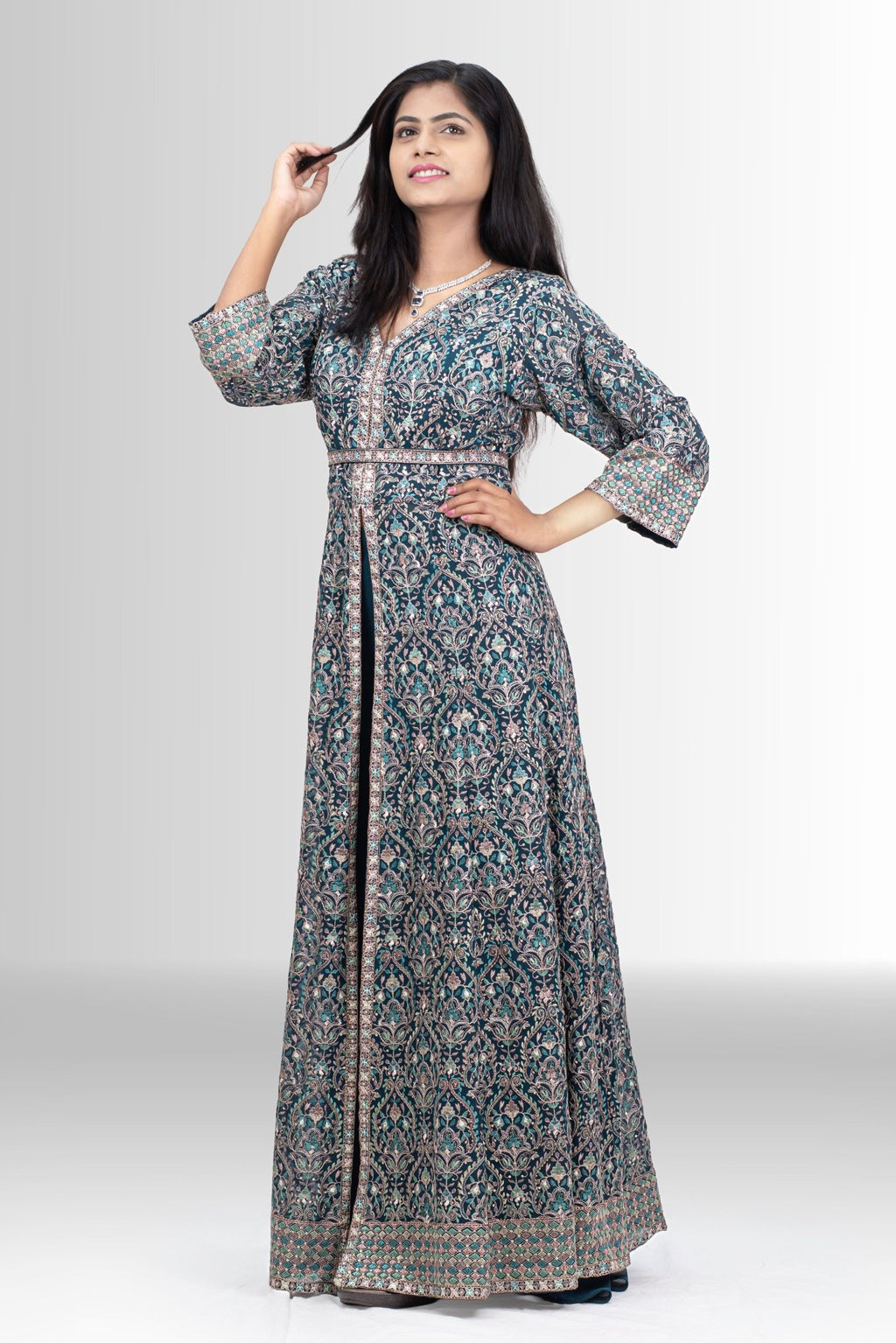 Handwork Silk Front-Open Gown: Regal Elegance